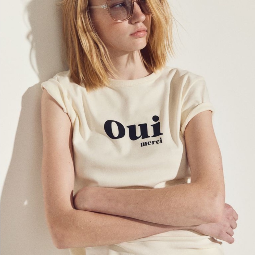 H&M Cream 'Oui merci' Graphic Short Sleeve Tee